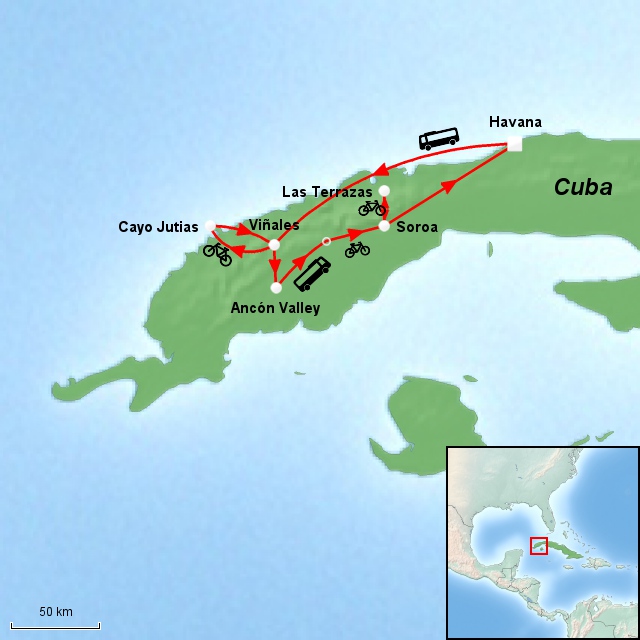 Kart til Cuba by Bike - med guide på sykkelferie i Cuba