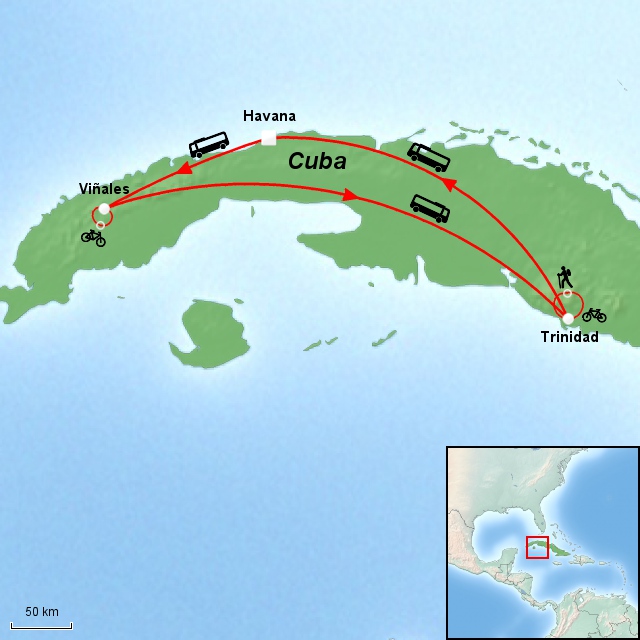 Kort over sykkeleventyr på Cuba 