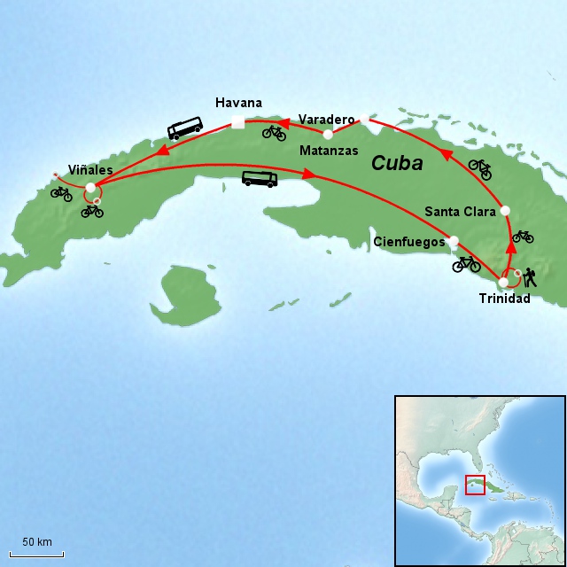 Kart over sykkelferie Cuba Crossover